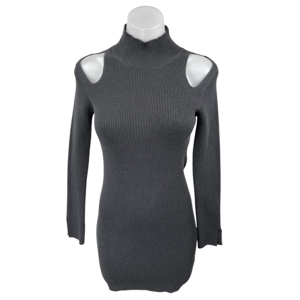 French Connection Lydia Black Rib Knit Long Sleeve Cutout Mini Sweater Dress S